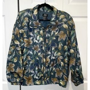 Vtg EVR Womens Silk Leaf Print Bomber Jacket Size M Artsy Old‎ Money Nature 90s